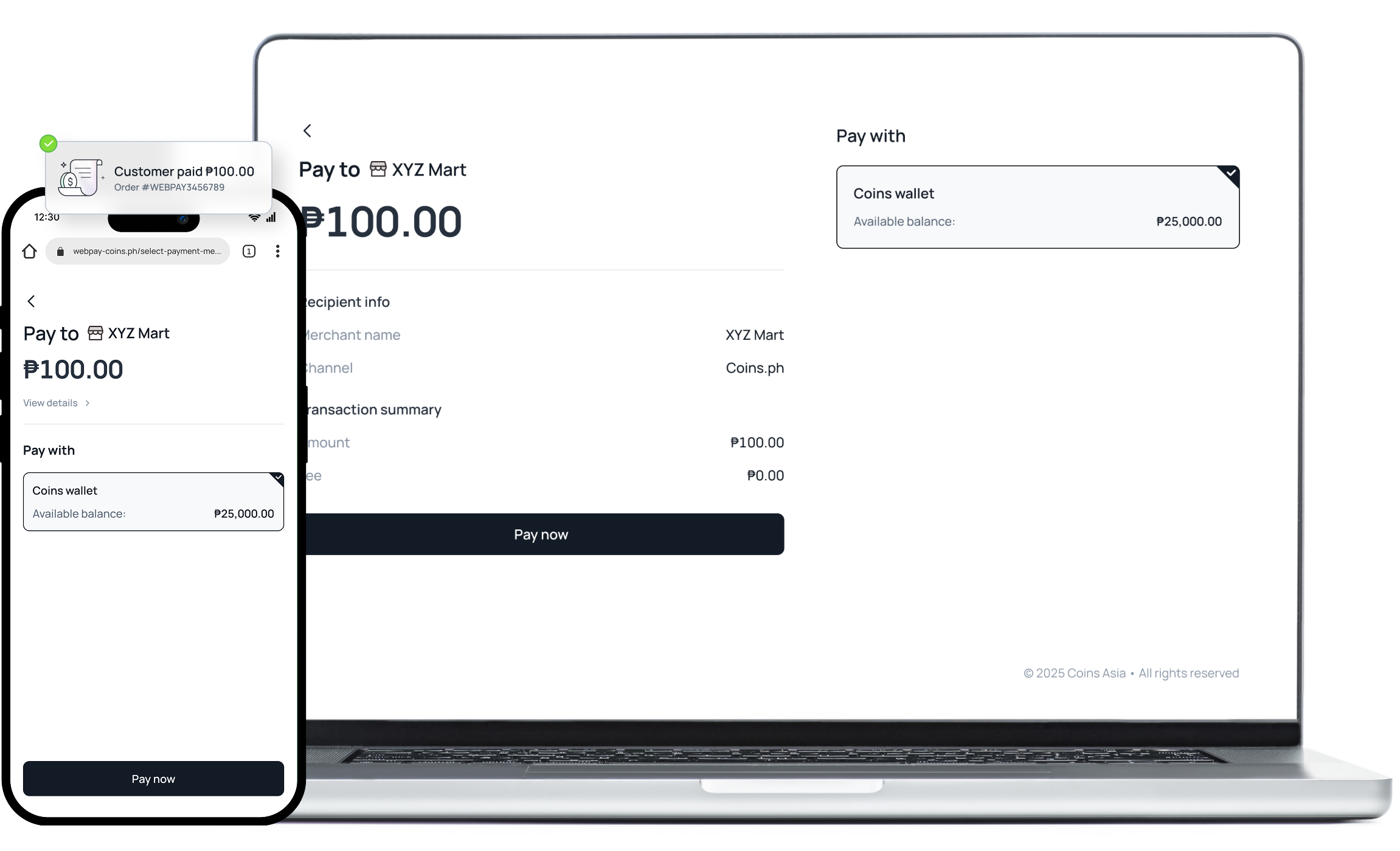 Coins.ph WebPay checkout interface displayed on both mobile and laptop screens showing a payment to XYZ Mart using Coins wallet.