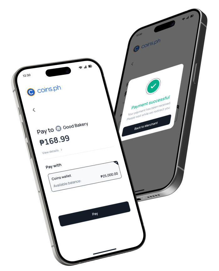 Two mobile phones displaying the Coins.ph app checkout screen and payment successful confirmation with real-time transaction notifications.
