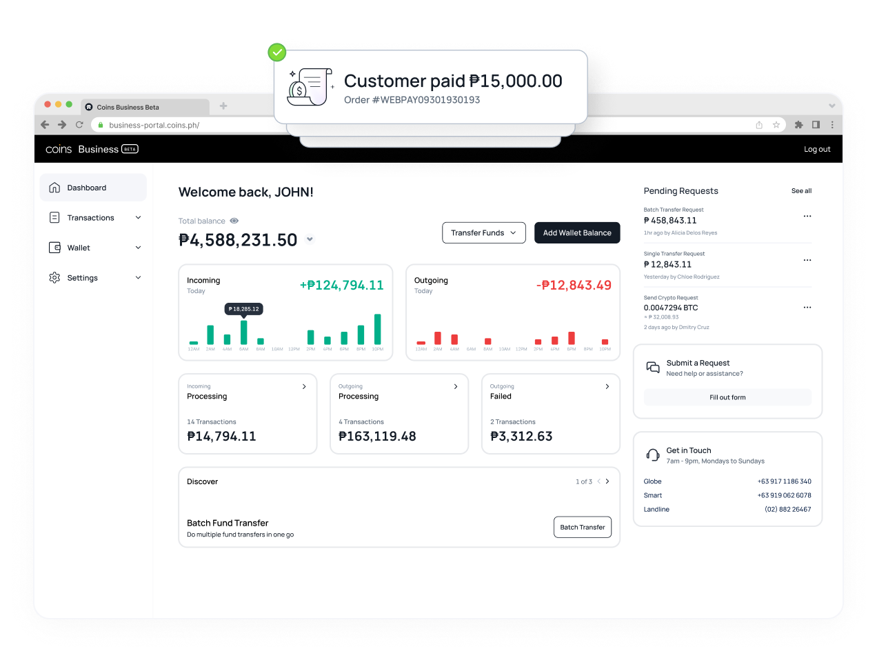 Coins.ph Business dashboard showing financial overview and transaction graphs.