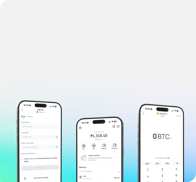 A step-by-step mobile onboarding guide for Coins.ph showing three screens: Step 1 Sign up and verify, Step 2 Fund your wallet with Pesos, and Step 3 Buy and sell crypto