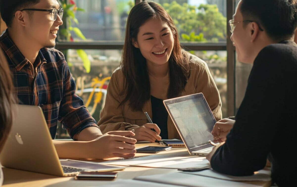 A diverse group of young fintech professionals at Coins collaborating with laptops and notebooks in a bright, modern workspace, representing the inclusive #TeamCoins culture