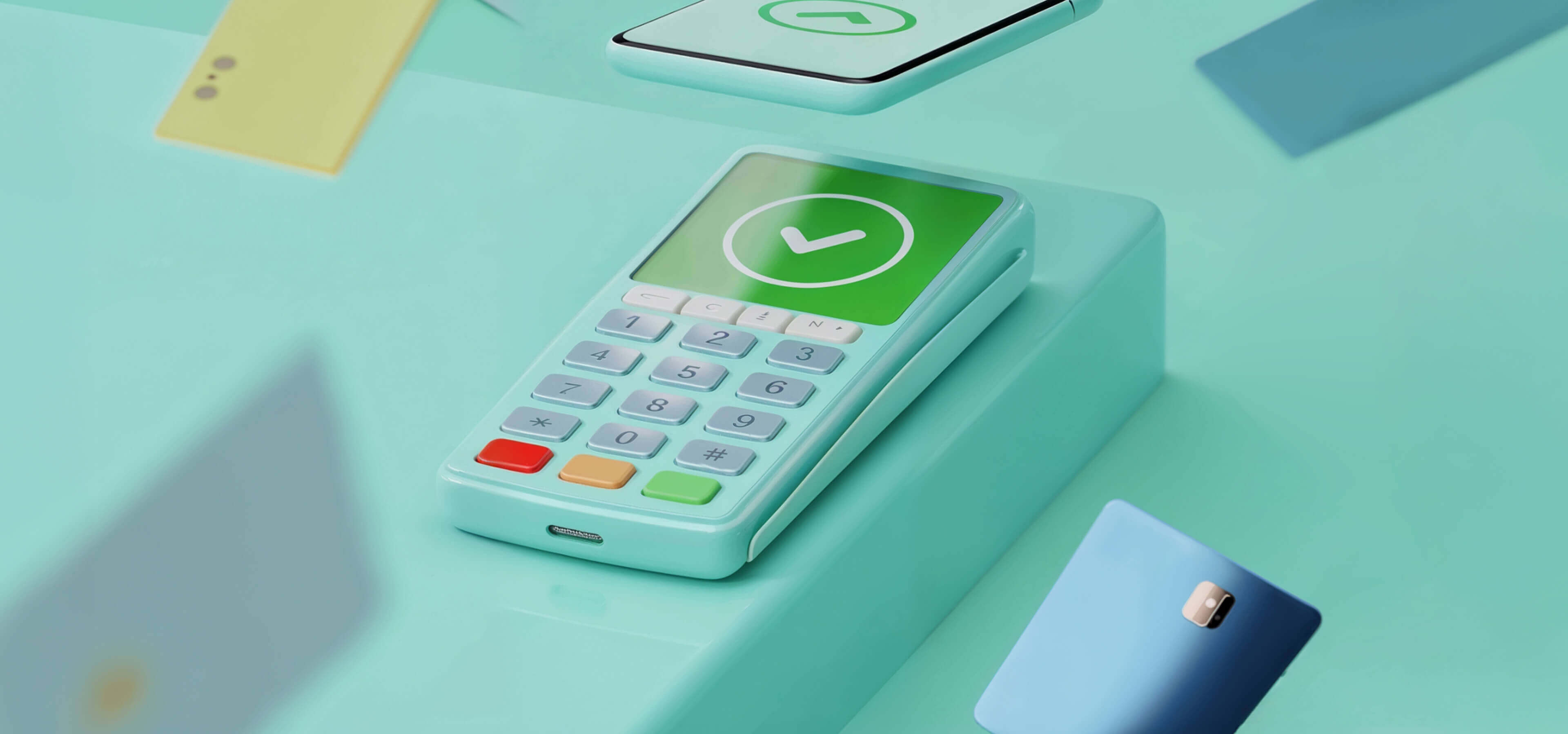 A modern white wireless POS payment terminal showing a green success checkmark, surrounded by floating colorful cards, representing Coins.ph merchant checkout and instant transaction settlement