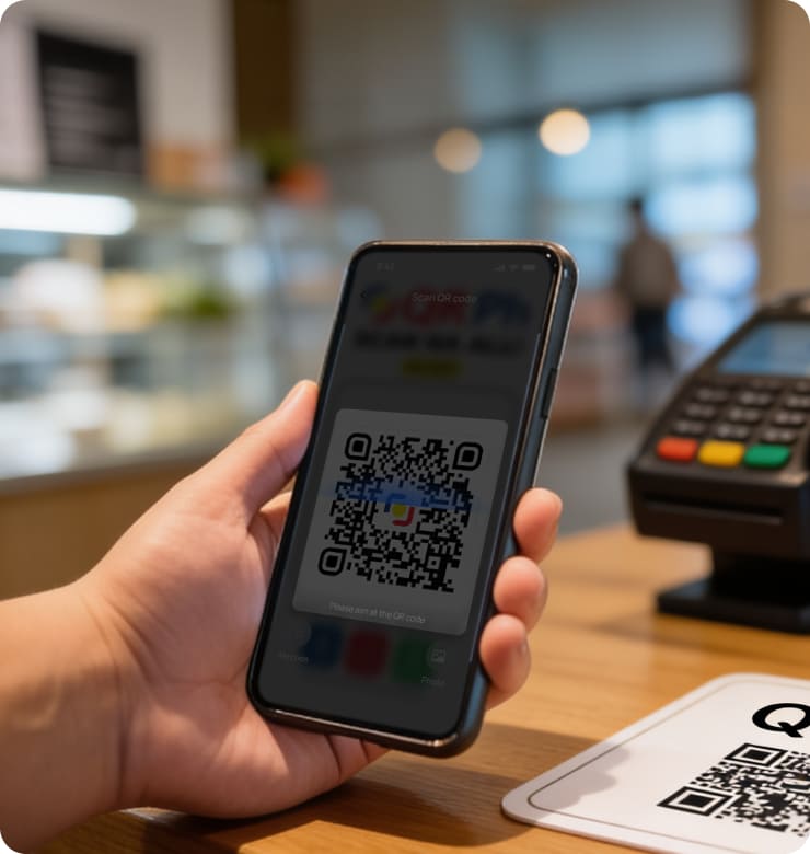 A customer using the Coins mobile app scanner to process an in-store payment via a retail QRPh code at a checkout counter next to a smart POS terminal